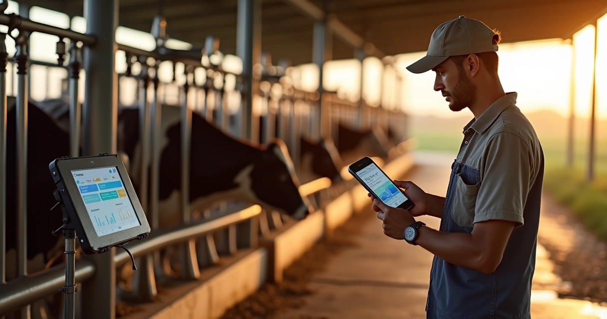 Produtor de leite usando aplicativo de controle de ordenha no curral ao lado das vacas 