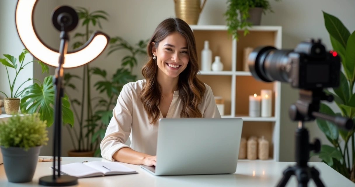 Pessoa sorridente gravando conteúdo digital sobre bem-estar em ambiente iluminado com plantas 