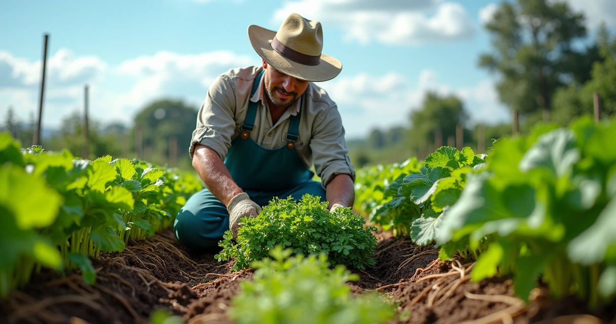 Agricultor colhendo hortaliças orgânicas em campo limpo 