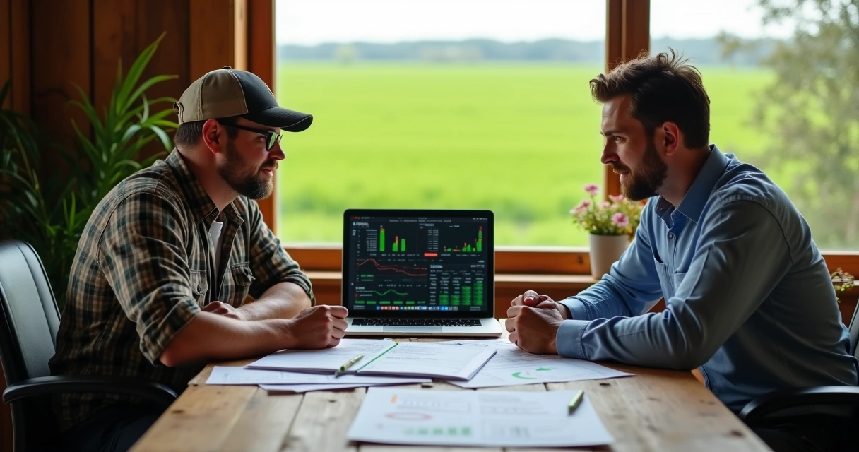 Produtor rural e consultor analisando gráficos da colheita 