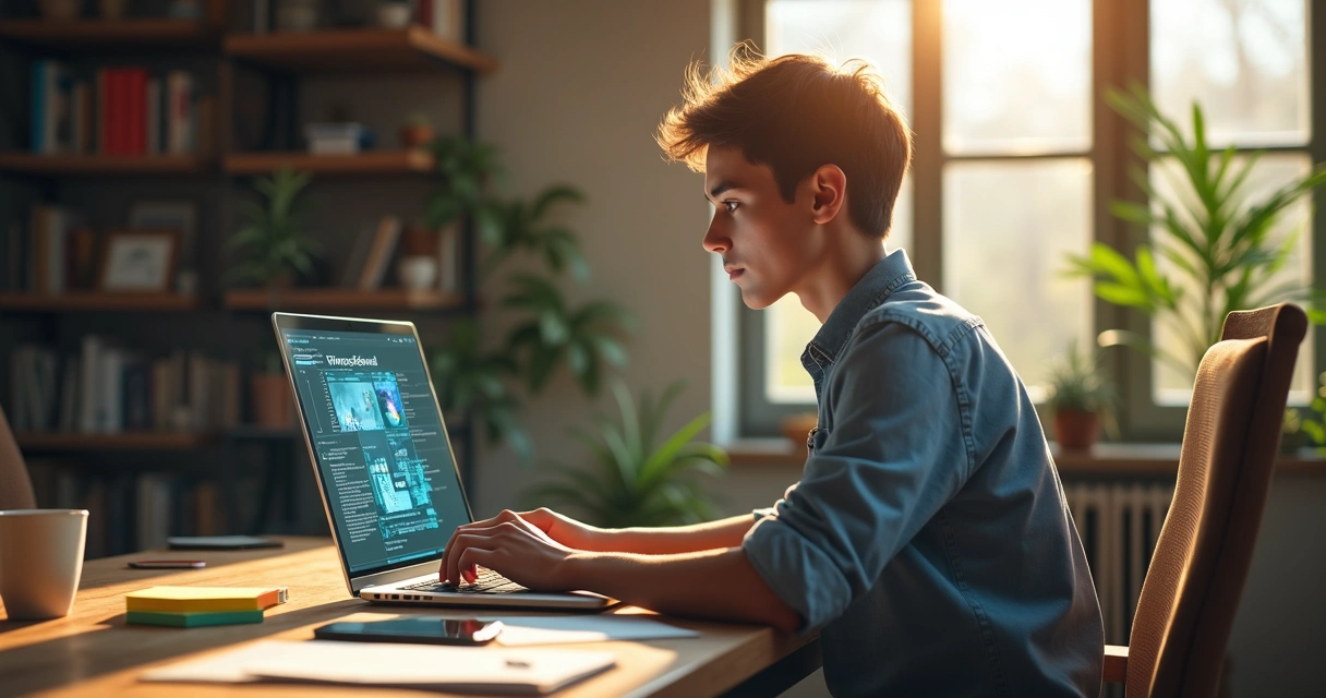 Pessoa sozinha usando notebook para criar conteúdos automatizados por IA 