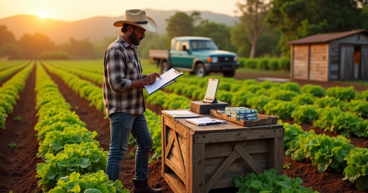 Produtor rural analisando caderno de custos ao lado da lavoura de hortaliças 