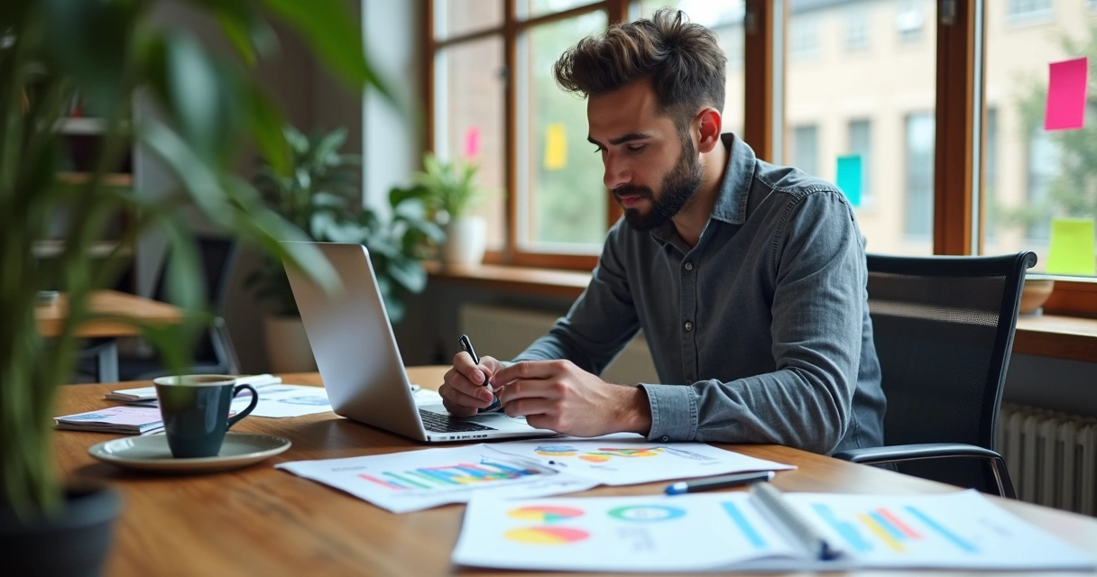 Pessoa planejando infoprodutos em mesa com laptop, livros e anotações 