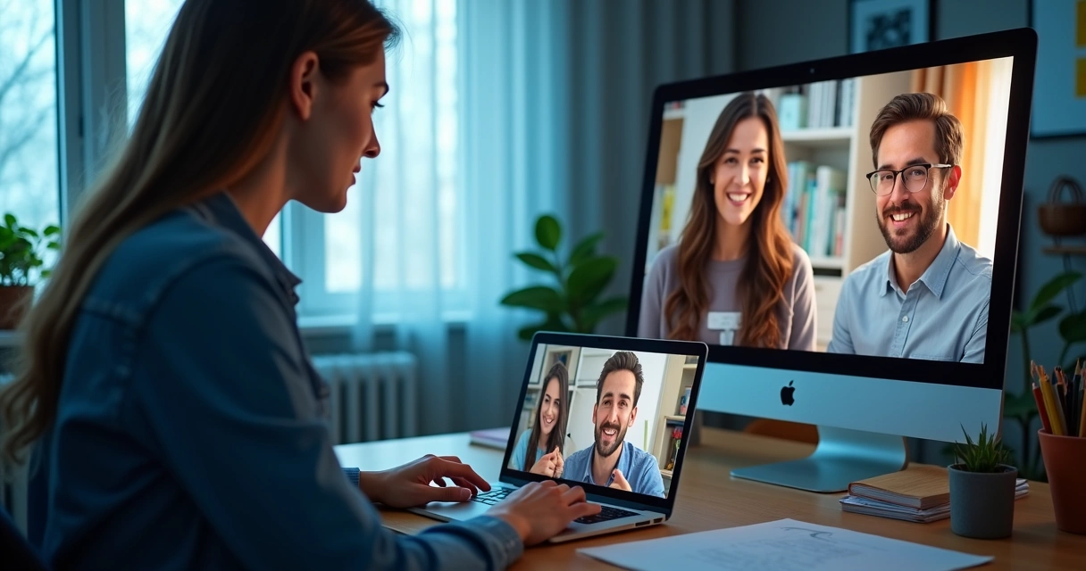 Produtor digital ensinando clientes conectados em laptops