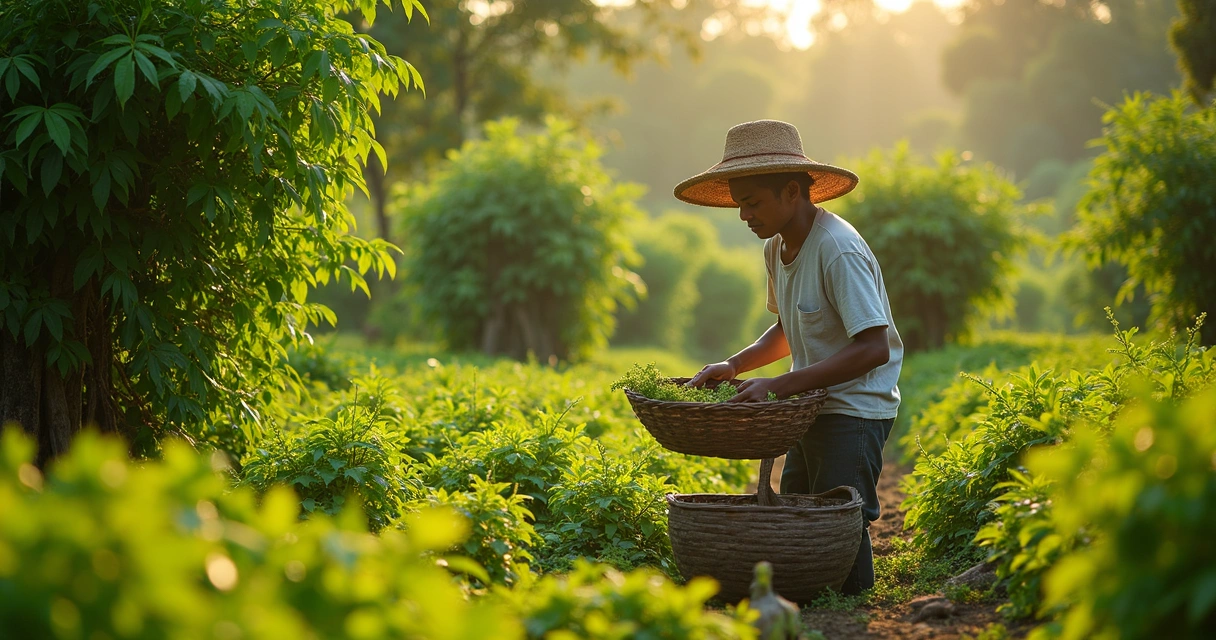 Produtor rural colhe galhos de moringa em lavoura familiar