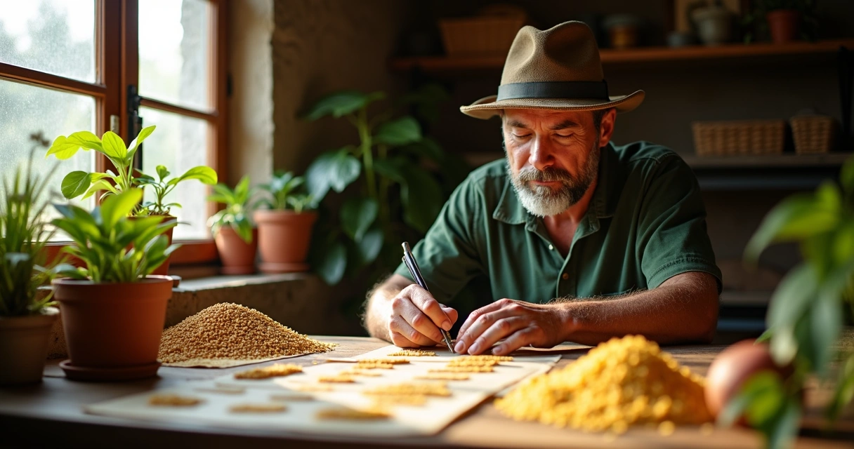 Agricultor examinando variedades de sementes de soja 