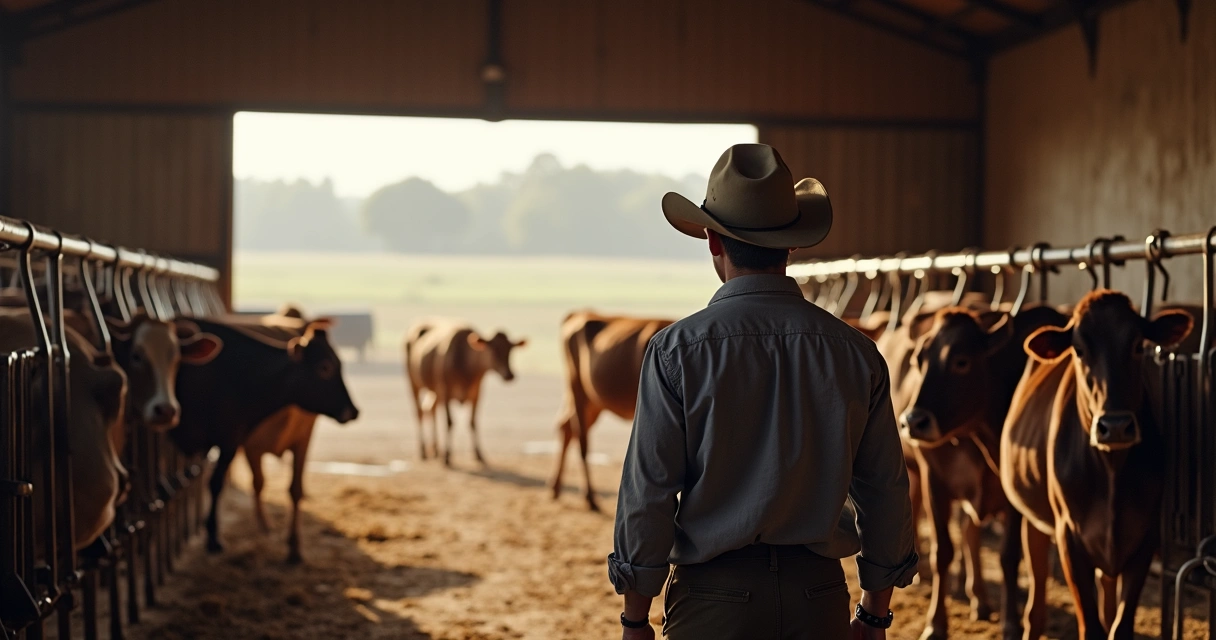 Produtor de leite observando vacas em pocilga no inverno do RS, com rebanho reduzido e clima frio ao fundo. 