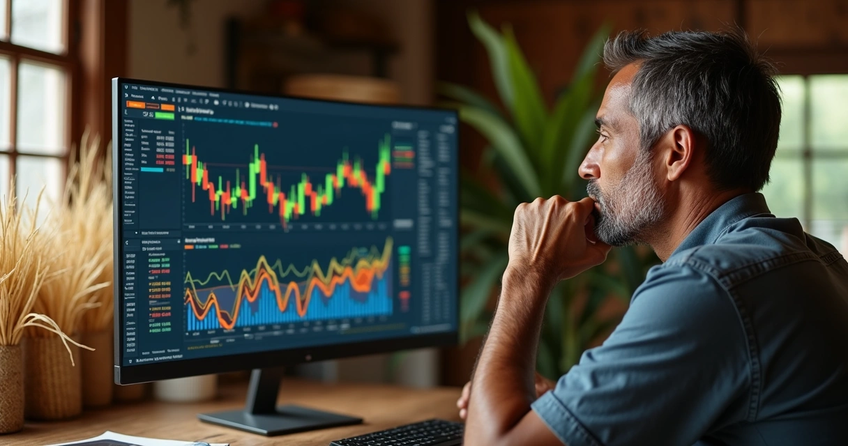 Produtor rural olhando tela de computador com gráficos de preços do milho 