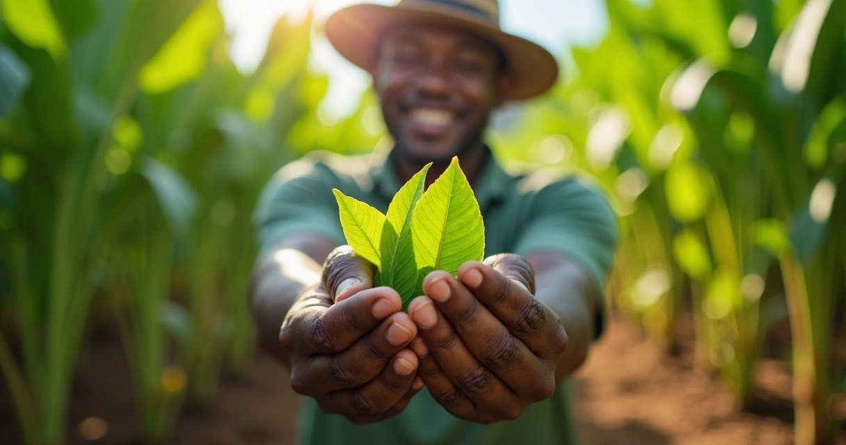 Produtor rural brasileiro segurando folhas de moringa 