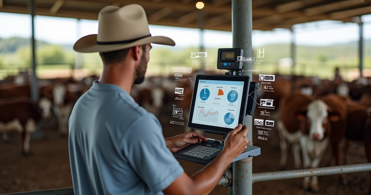 Produtor controlando peso de bovinos usando tablet 