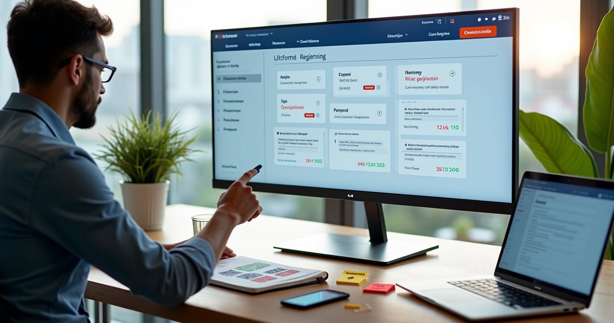 Produtor de eventos revendo cadastro em painel digital com alertas na tela 