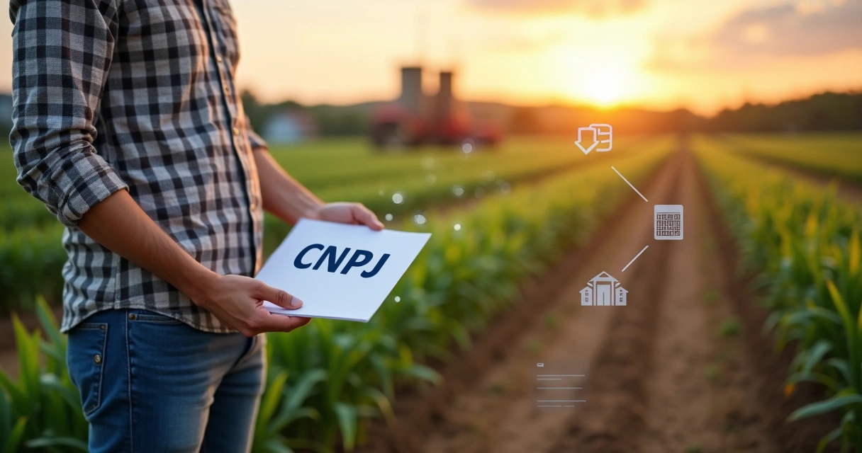 Produtor rural em fazenda segurando documento de CNPJ diante de lavoura 