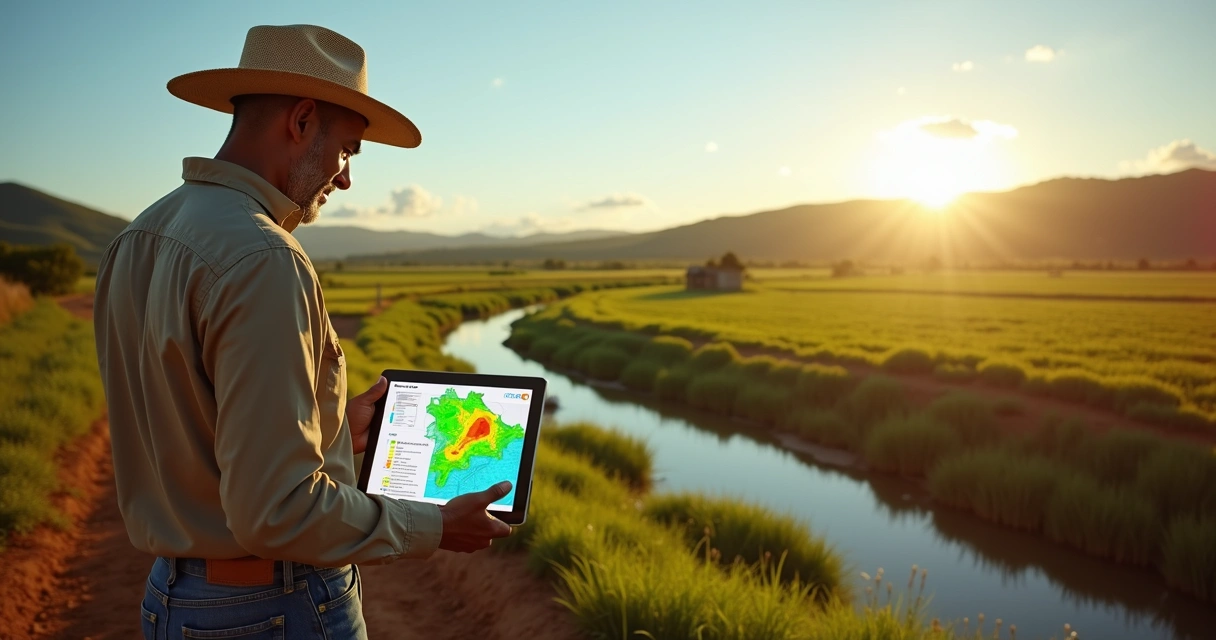 Produtor rural em pé na fazenda consultando mapa ambiental digital da propriedade 