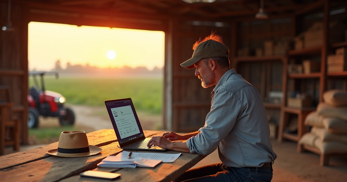 Produtor rural em galpão agrícola usando notebook para emitir nota fiscal digital 