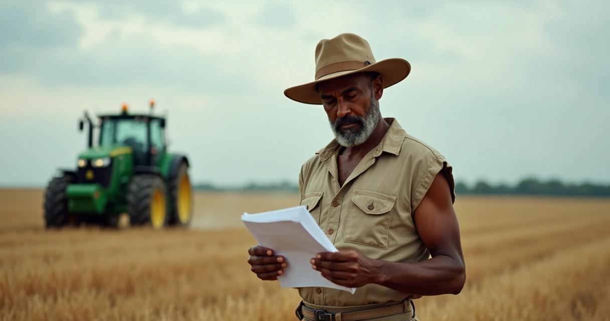 Produtor rural em campo olhando documentos 