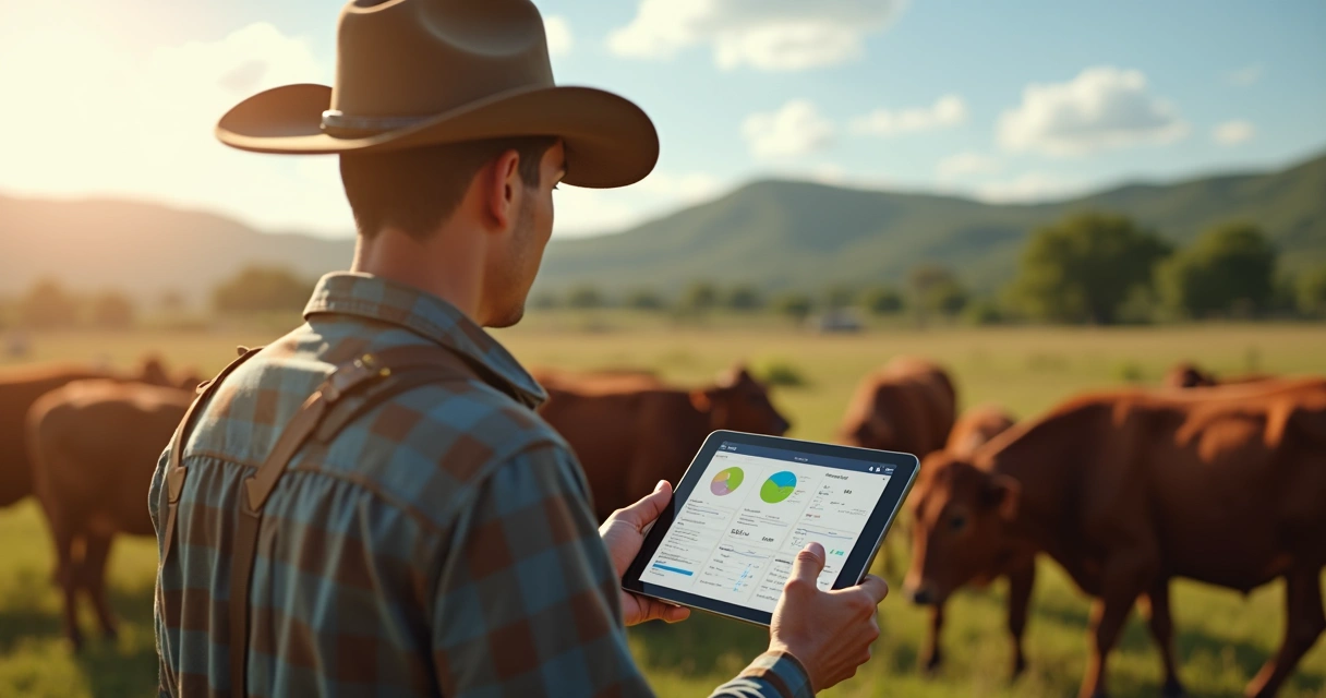 Produtor rural usando tablet para gestão do rebanho na fazenda 