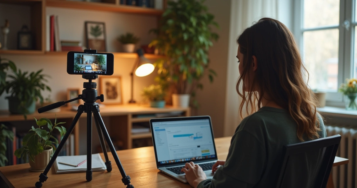Produtora de conteúdo sozinha gravando vídeos em casa, com tripé e iluminação 