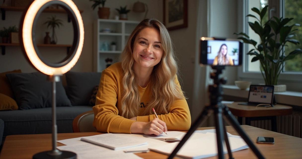 Mulher grava vídeo com celular e luz de fundo, cenário doméstico, anotações na mesa