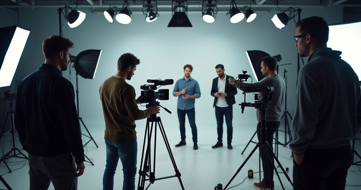 Equipe de produção de vídeo trabalhando em set com câmera profissional e equipamentos de iluminação 