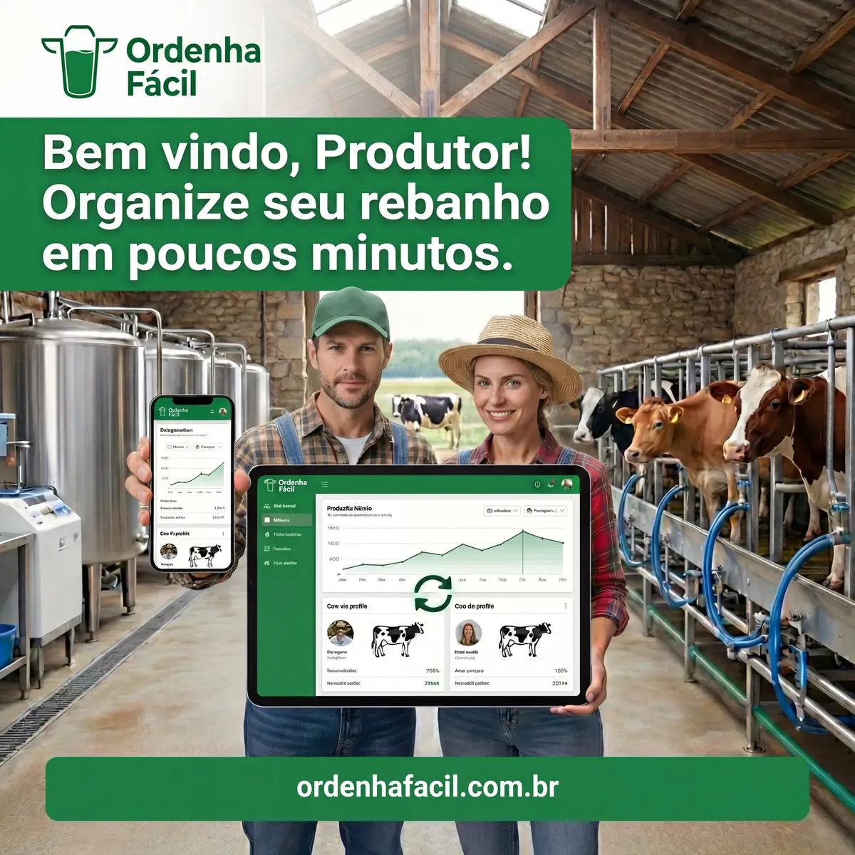 Dois produtores rurais em um galpão de ordenha segurando um celular e um tablet com o aplicativo Ordenha Fácil aberto, mostrando gráficos de controle do rebanho.