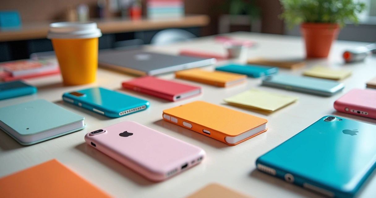 Produtos de papelaria e acessórios para celular na mesa 