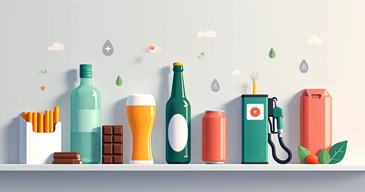 Produtos tributados com imposto do pecado, incluindo cigarros, bebidas, alimentos ultraprocessados e combustíveis fósseis