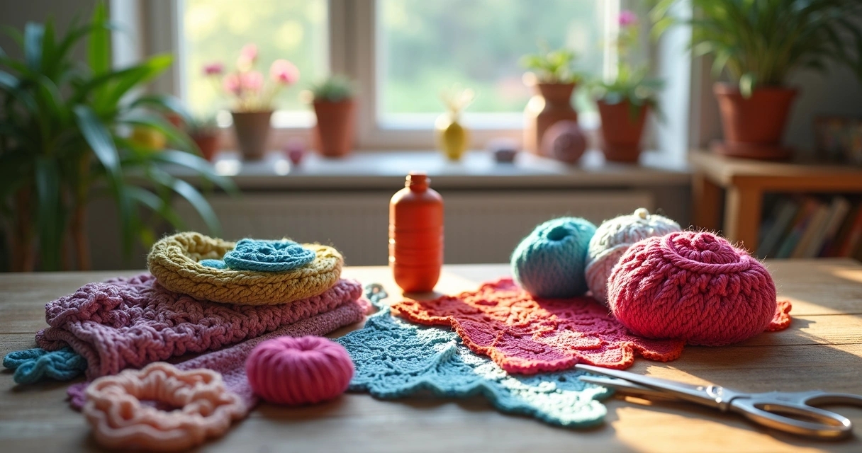 Mesa com itens de crochê, costura e materiais de artesanato