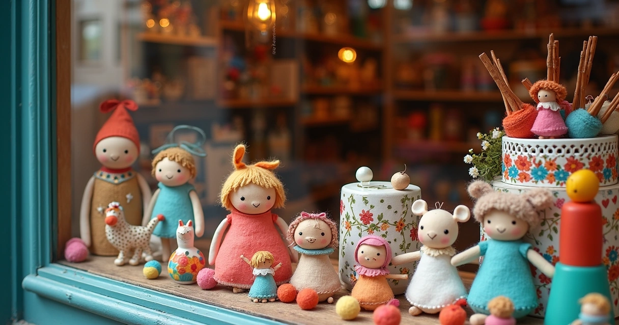 Vitrine com produtos artesanais variados e coloridos em exposição 