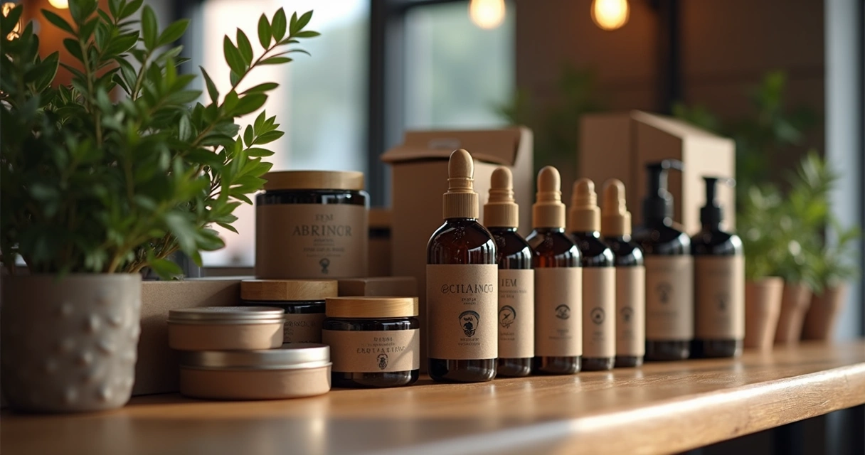 Produtos ecológicos organizados em bancada de barbearia 