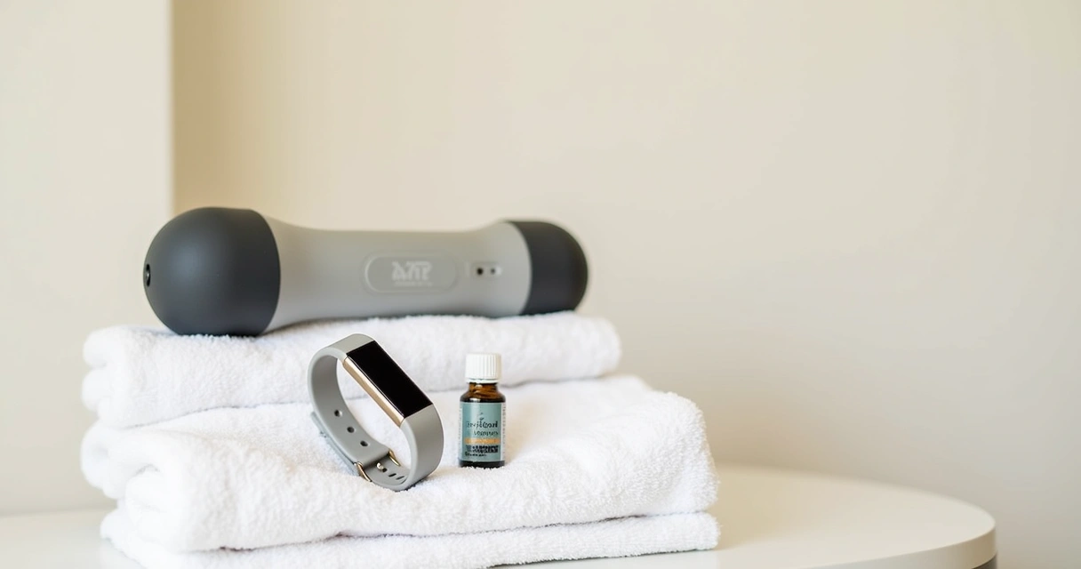 Massageador portátil e pulseira fitness sobre toalha branca 