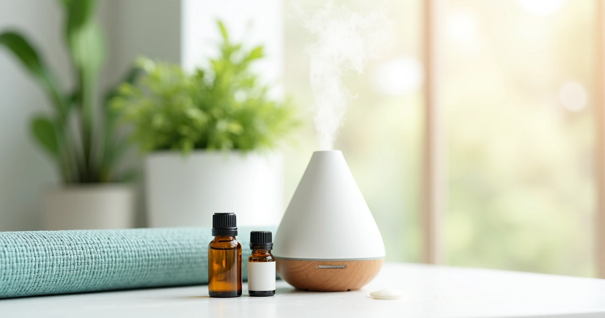 Produtos naturais de bem-estar, incluindo tapete de acupressão, óleos essenciais e difusor, arrumados sobre superfície clean 