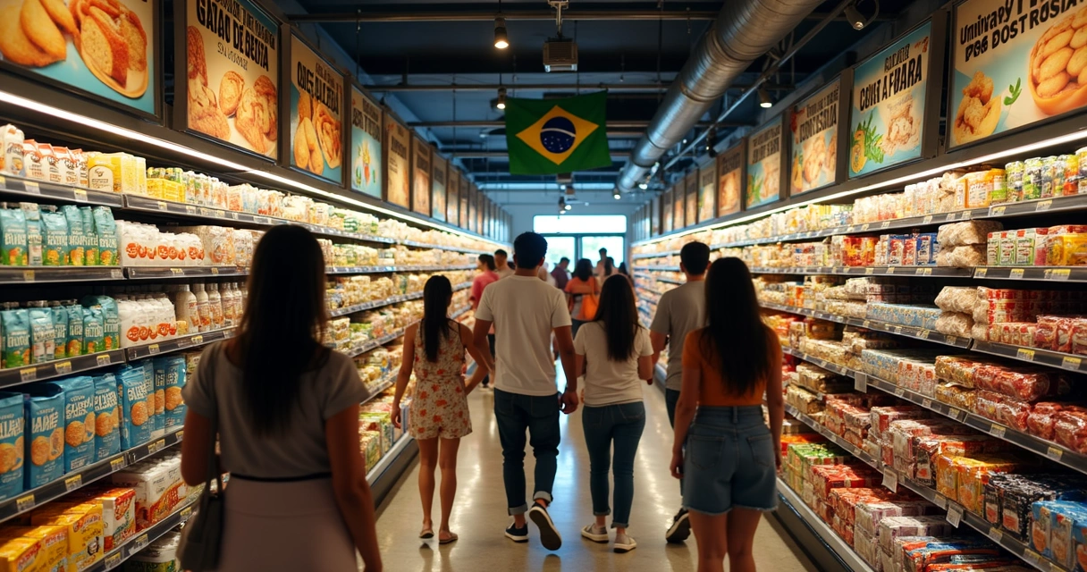 Prateleira de mercado exibindo produtos brasileiros variados 