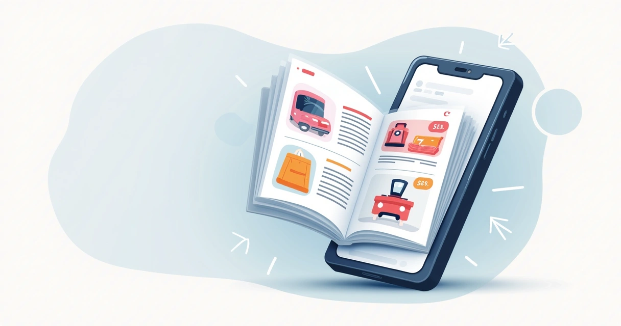 Exemplo de catálogo digital com fotos de produtos centralizadas e descrições 