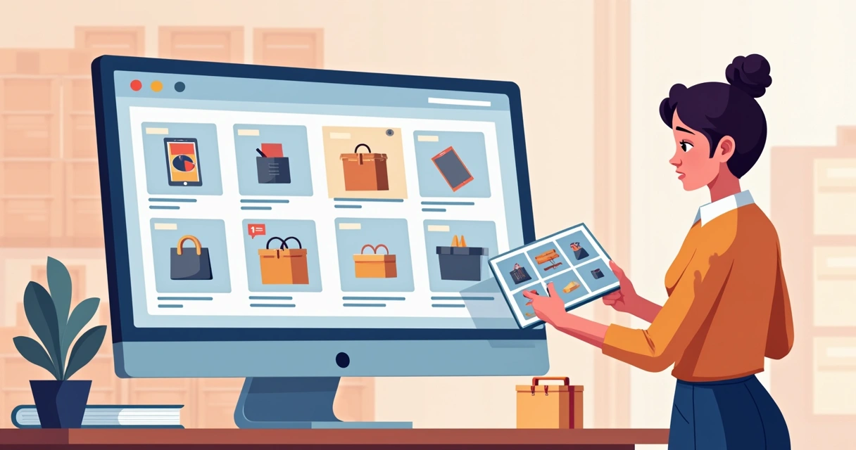 Catálogo de produtos variados exibido em uma tela digital