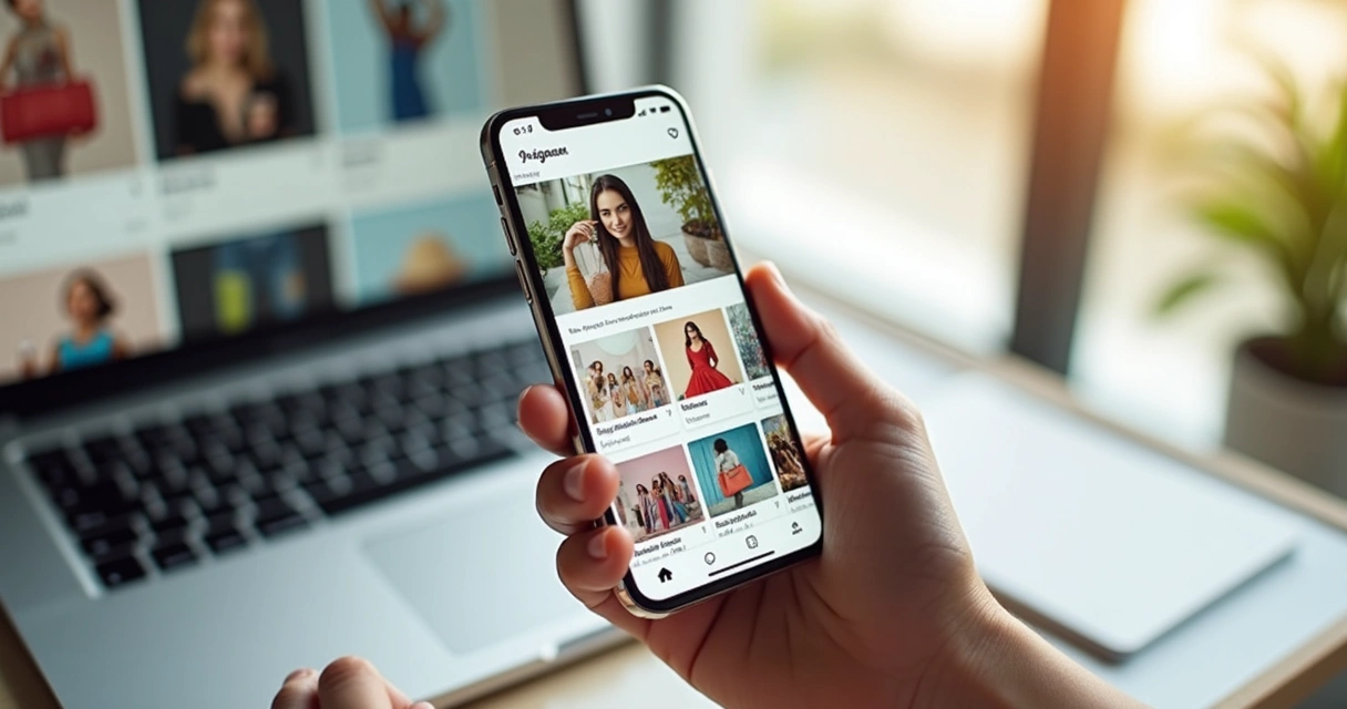 Foto de produtos com imagens profissionais exibidos em um smartphone mostrando uma loja no Instagram 