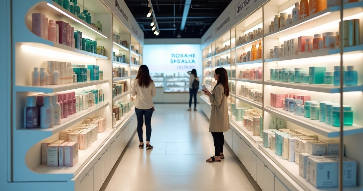 Produtos de skincare coreanos em prateleira de farmácia brasileira