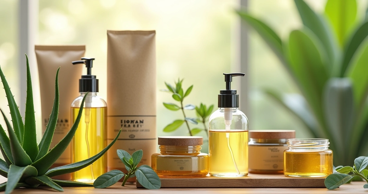 Produtos cosméticos naturais e sustentáveis em frascos de vidro sobre bancada com plantas ao fundo 