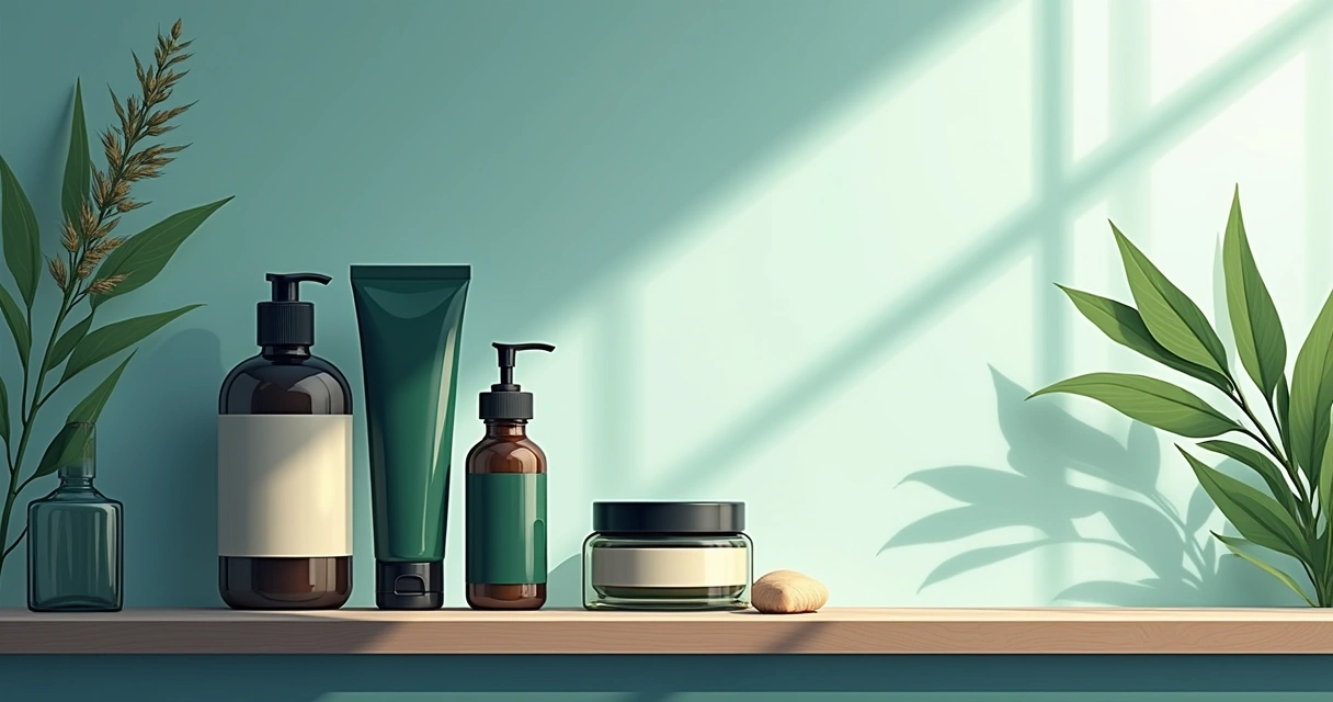 Uma bancada de banheiro com quatro produtos de cuidados para barba: óleo, balm, shampoo e tônico capilar.