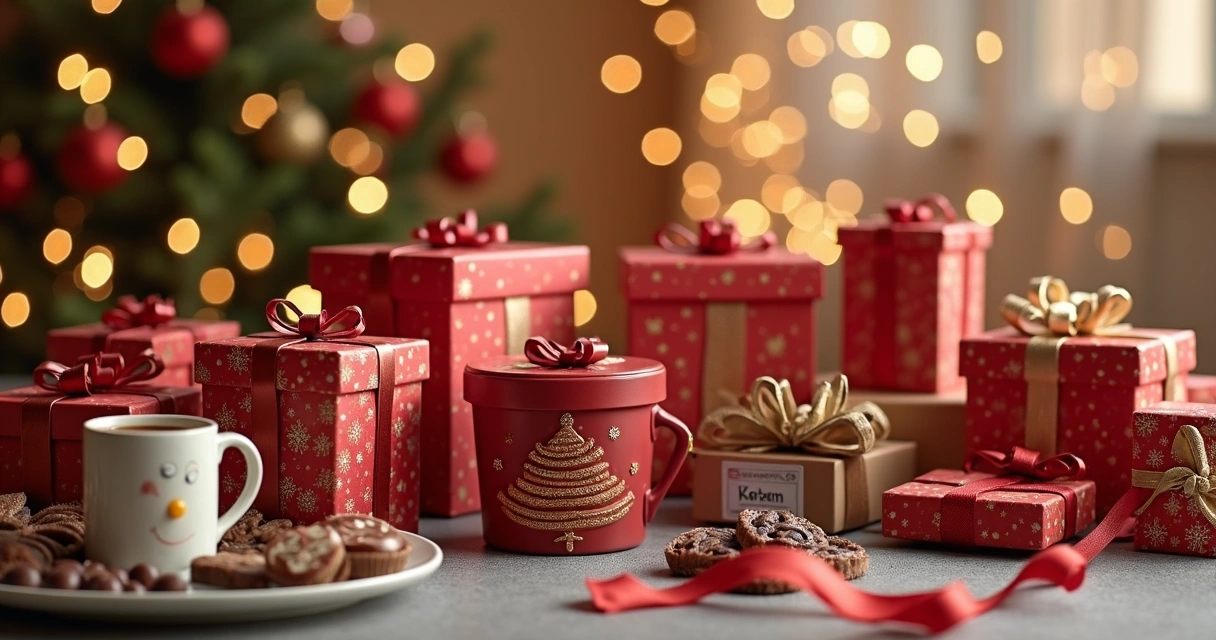 Produtos variados como caixas de presente, chocolates e canecas decoradas sobre bancada