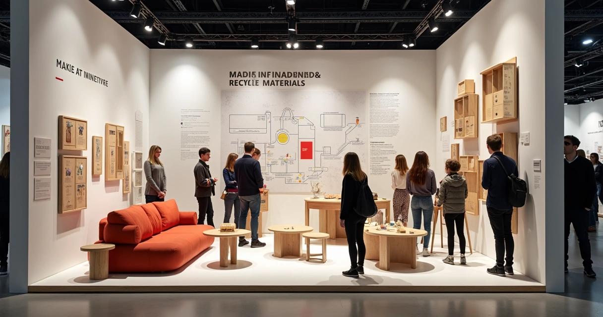 Produtos inovadores feitos de resíduos reciclados expostos em estande moderno
