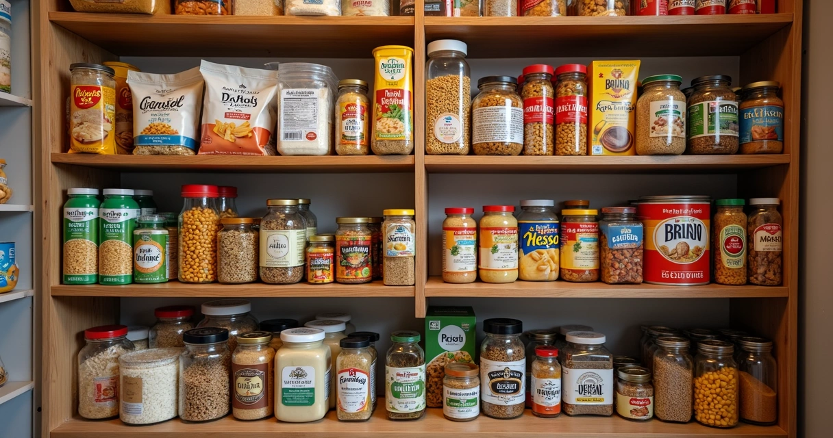 Vários produtos e alimentos organizados em prateleiras de despensa 