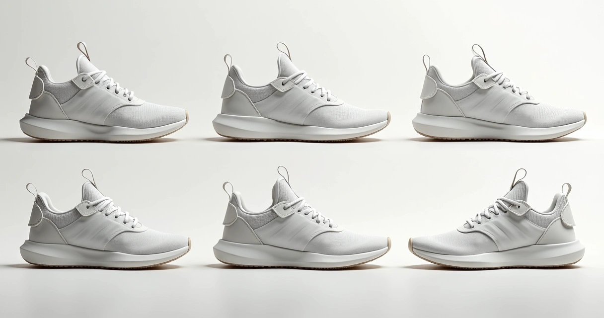 Tênis exibido de múltiplos ângulos em fundo branco 