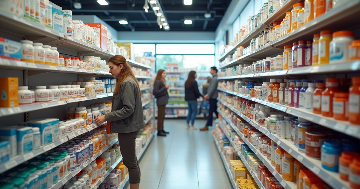 Prateleira de farmácia com produtos diet, zero açúcar e suplementos vitamínicos expostos 