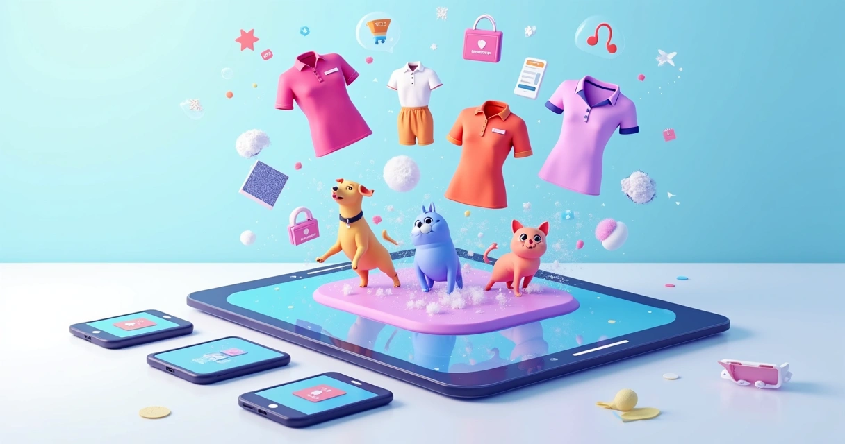 Diversos produtos digitais e físicos em um tablet e celulares 