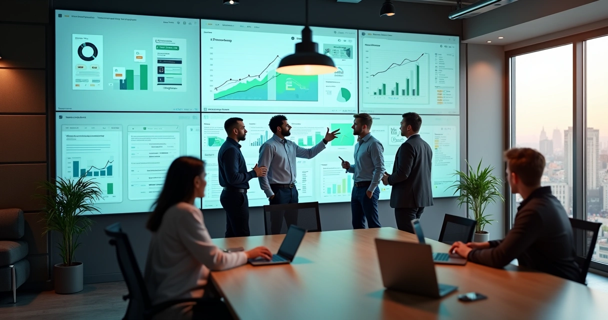 Equipe de negócios analisando painel digital com gráficos de crescimento em tela gigante 