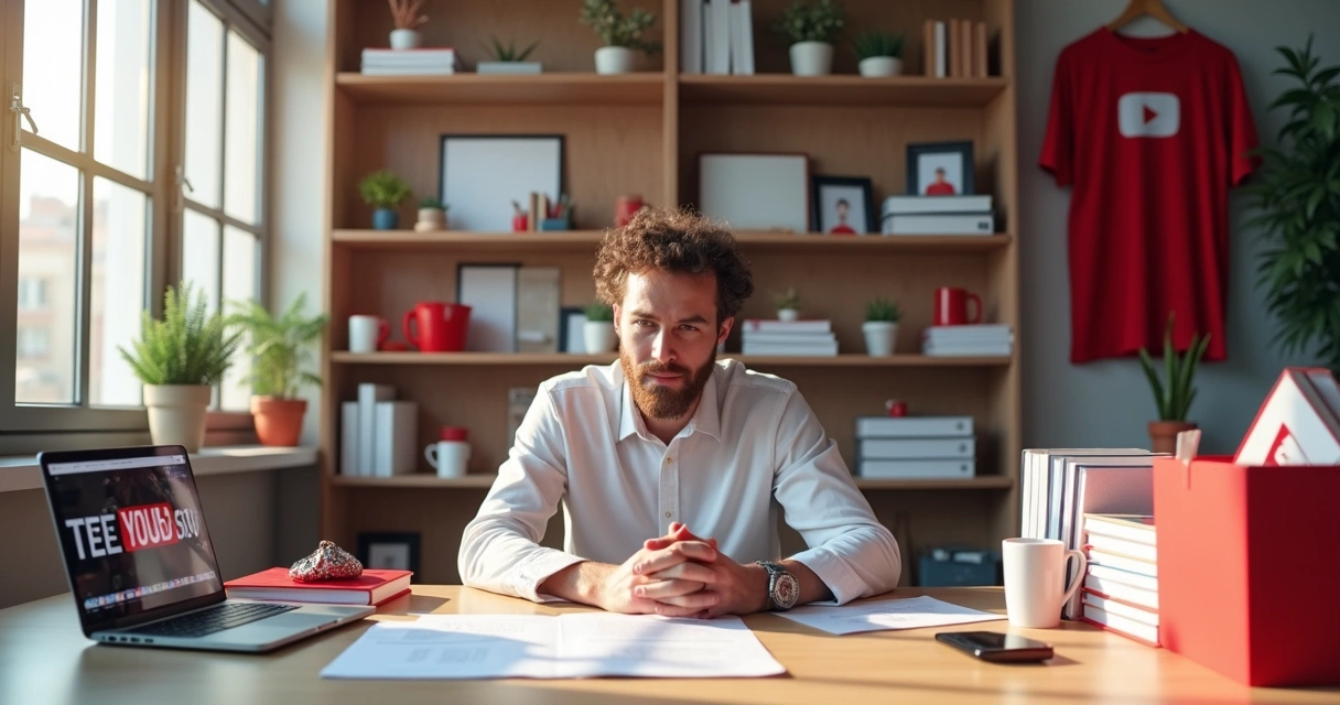 Digital influencer with a shelf of digital and physical products with their own brand