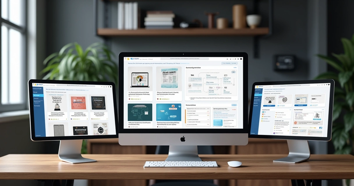 Diversos formatos de produtos digitais em tela de computador, como cursos, e-books e softwares