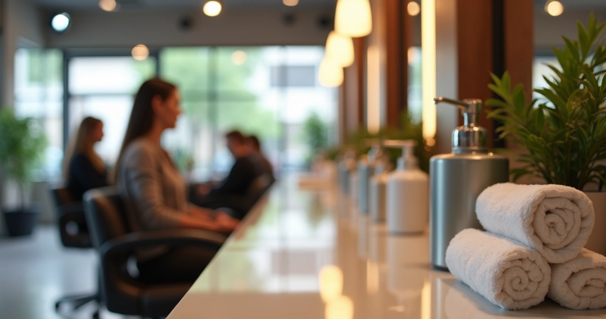 Dispenser de produtos em bancada de salão com itens organizados e luz suave 