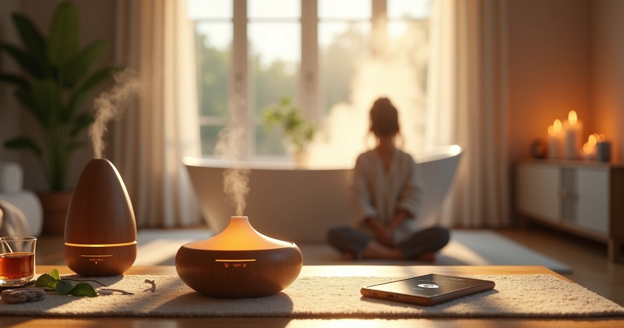 Mesa com produtos relaxantes como aromaterapia, almofada térmica e música, ao lado de técnicas caseiras como banho quente e meditação 