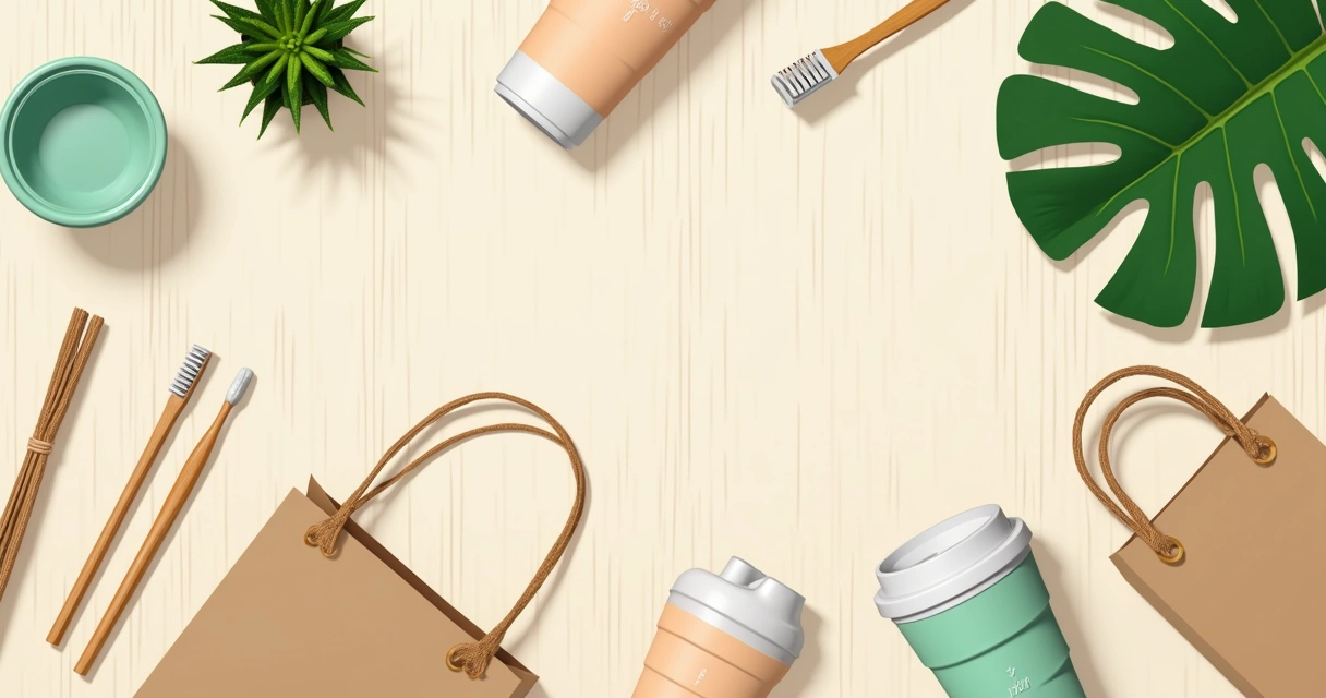 Ecobags, canudos de metal e escovas de bambu dispostos em bancada clara 